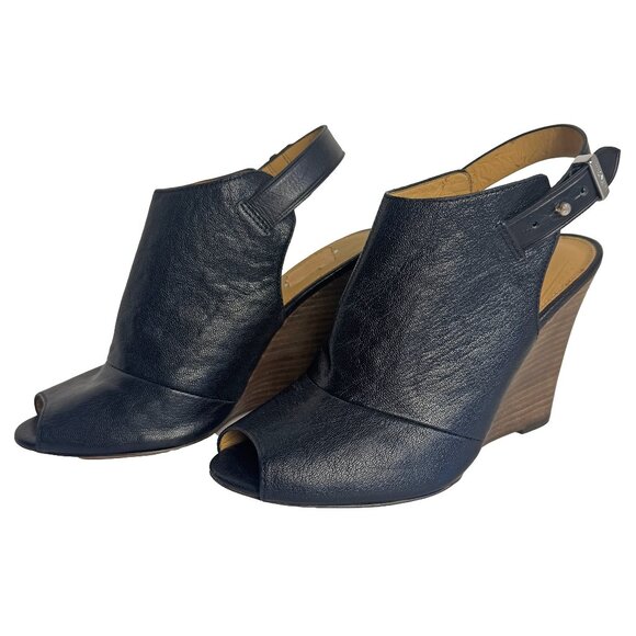 COACH Lindsay Safari Black Calf Leather Wedge Peep Toe Sandal Size 7 - Picture 3 of 12